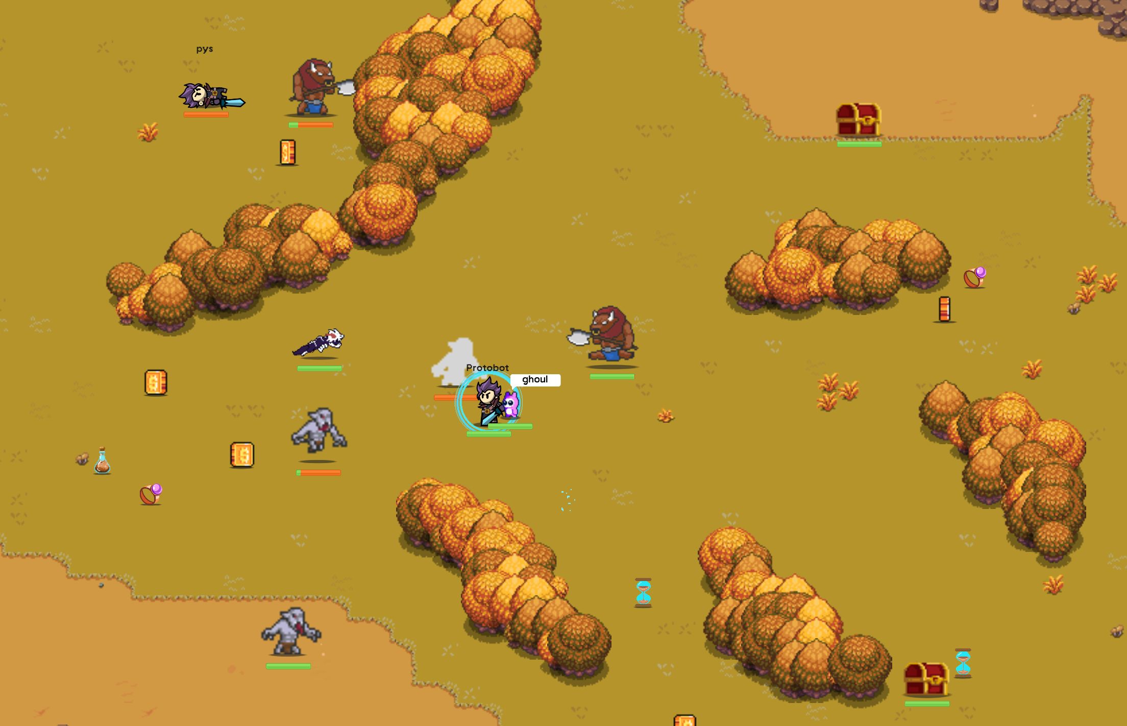 Wide view of a game level showing various enemies and power-ups