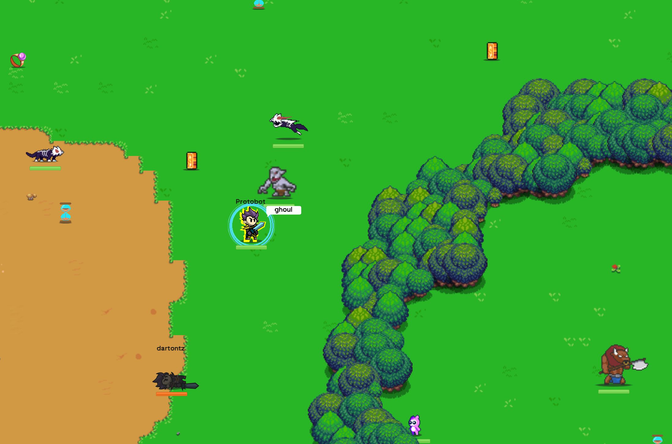 Free for all mode gameplay showing a character battling enemies in a forest setting